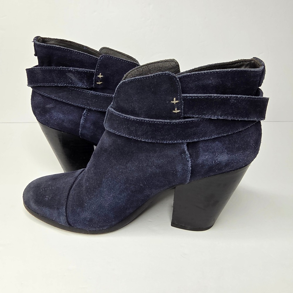 Rag & Bone Harrow Ankle Boots‎ Women 40 US 10 Navy Blue Suede Wrap Strap Heel
